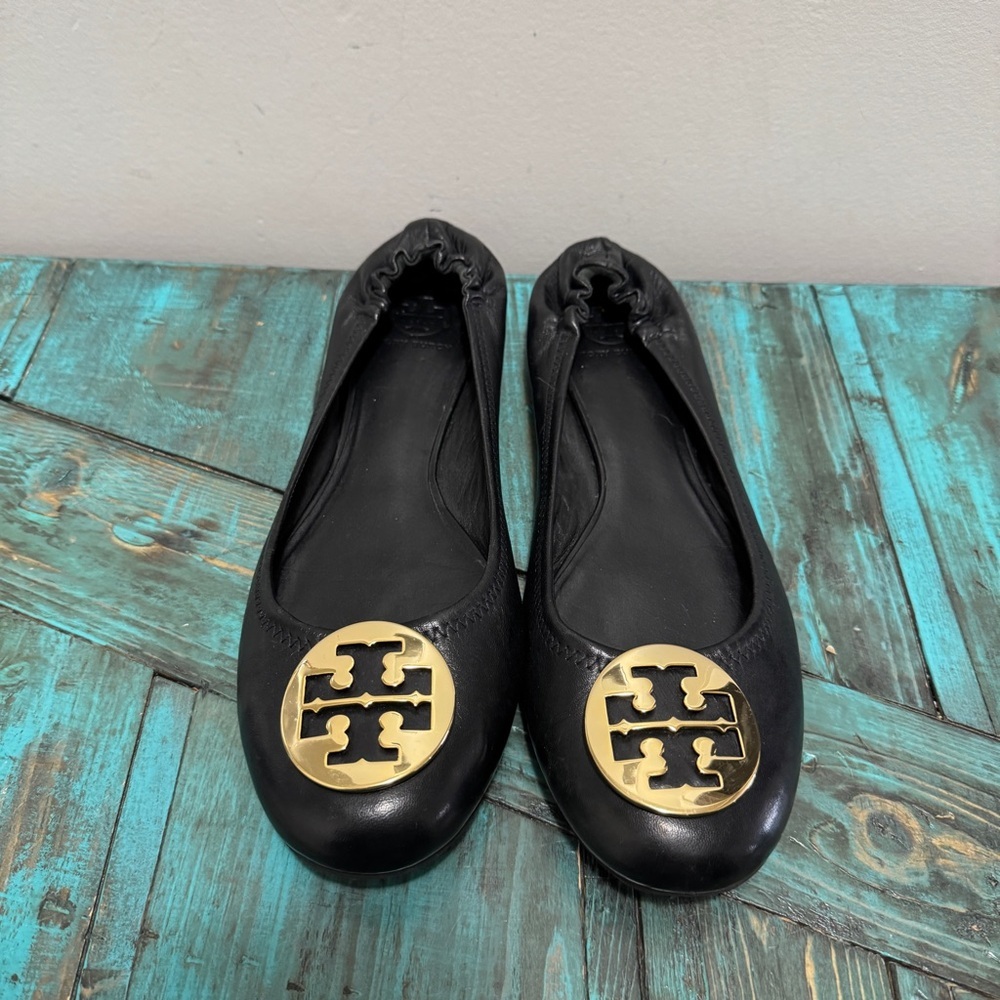 Tory Burch Classic Reva Black Leather Ballet Flats Size 13 - Picture 3 of 12